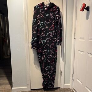Adult Dinosaur Pajamas - Black with Multicolor Accents no feet.